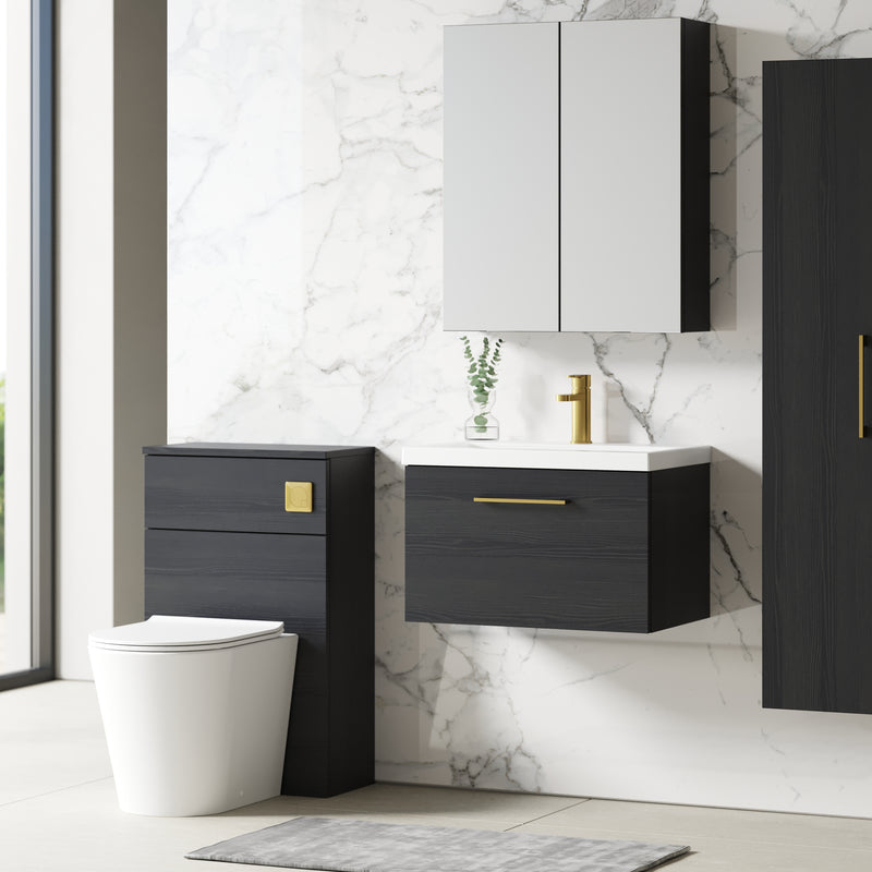 Lana 600mm Wall Hung 1 Drawer Vanity Unit & Basin - Charcoal Black Woodgrain