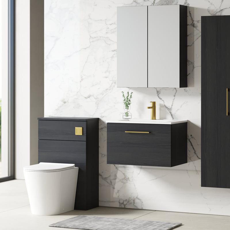Lana 600mm Wall Hung 1 Drawer Vanity Unit & Basin - Charcoal Black Woodgrain