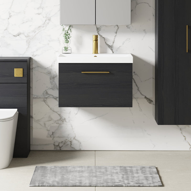 Lana 600mm Wall Hung 1 Drawer Vanity Unit & Basin - Charcoal Black Woodgrain