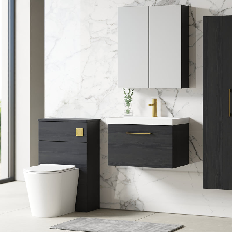 Lana 600mm Wall Hung 1 Drawer Vanity Unit & Basin - Charcoal Black Woodgrain