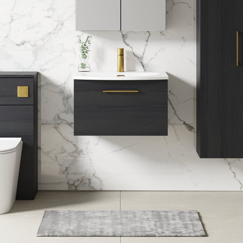 Lana 600mm Wall Hung 1 Drawer Vanity Unit & Basin - Charcoal Black Woodgrain