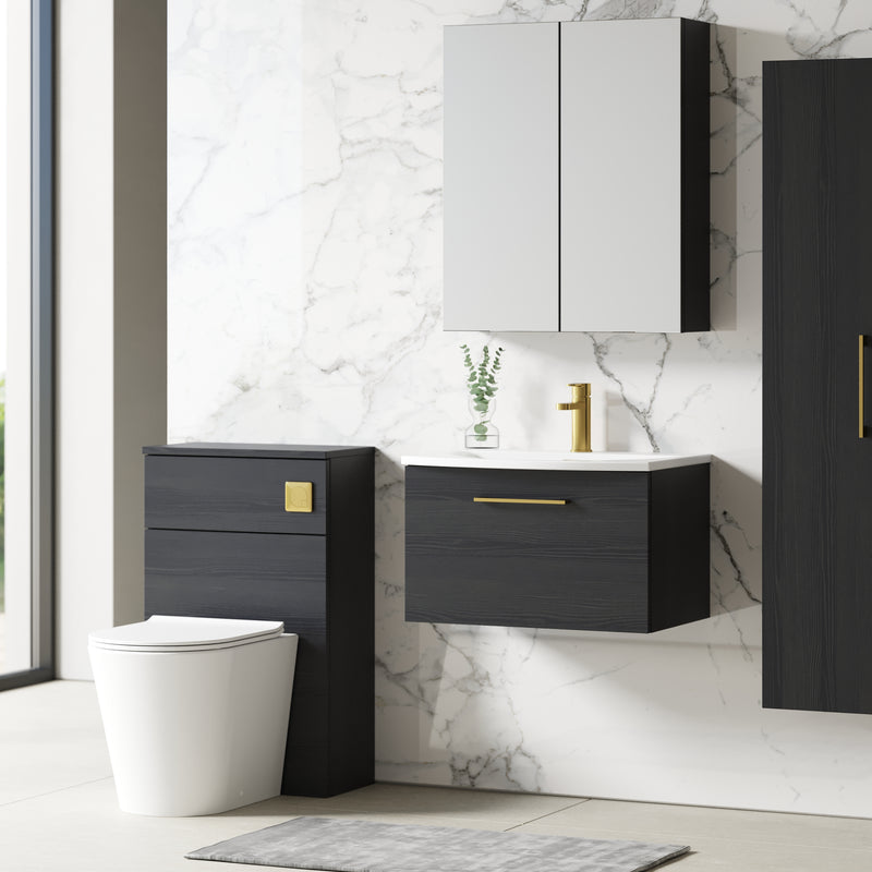 Lana 600mm Wall Hung 1 Drawer Vanity Unit & Basin - Charcoal Black Woodgrain