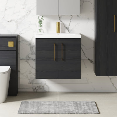Lana 600mm Wall Hung 2 Door Vanity Unit & Basin - Charcoal Black Woodgrain