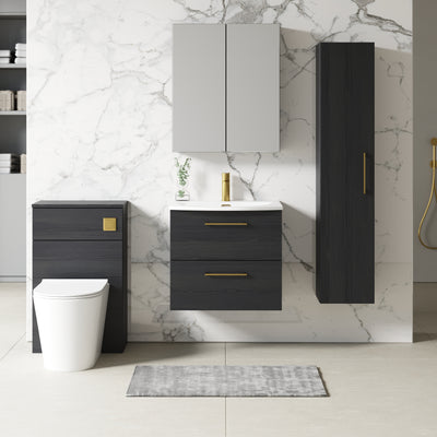 Lana 600mm Wall Hung 2 Drawer Vanity Unit & Basin - Charcoal Black Woodgrain
