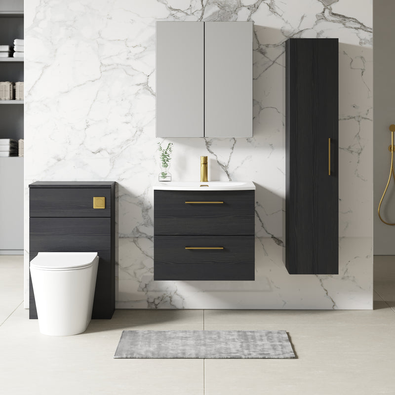 Lana 600mm Wall Hung 2 Drawer Vanity Unit & Basin - Charcoal Black Woodgrain