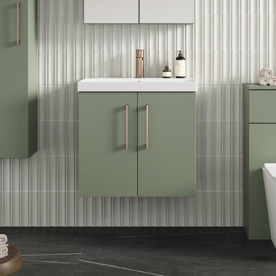 Lana 600mm Wall Hung 2 Door Vanity Unit & Basin - Satin Green