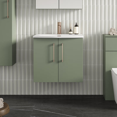 Lana 600mm Wall Hung 2 Door Vanity Unit & Basin - Satin Green