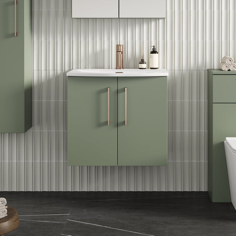 Lana 600mm Wall Hung 2 Door Vanity Unit & Basin - Satin Green