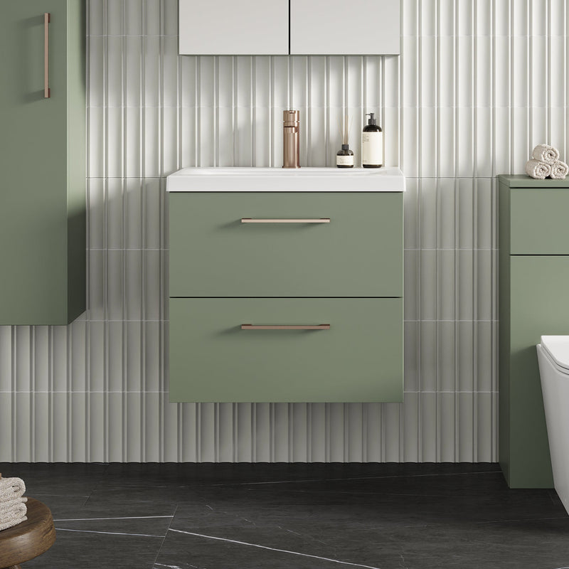 Lana 600mm Wall Hung 2 Drawer Vanity Unit & Basin - Satin Green