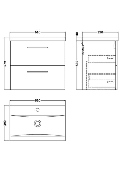 Lana 600mm Wall Hung 2 Drawer Vanity Unit & Basin - Satin Green