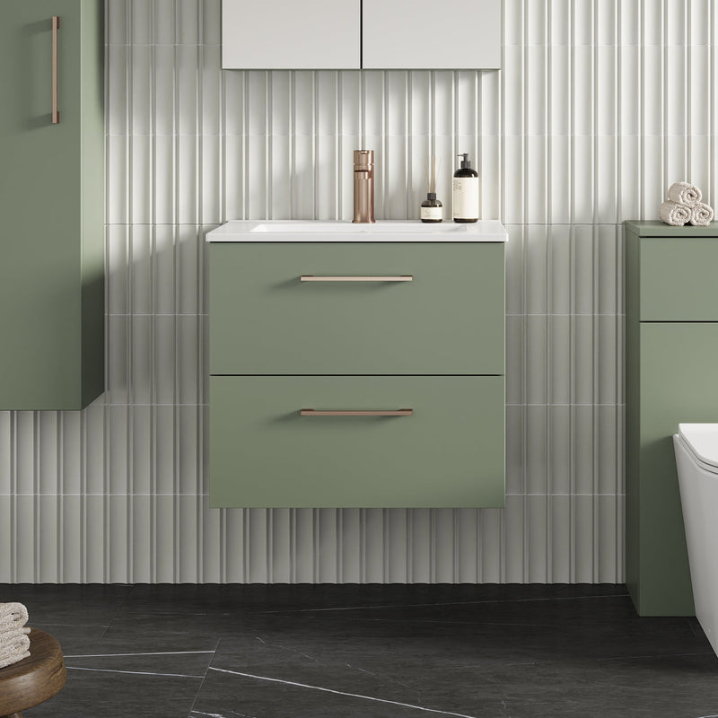 Lana 600mm Wall Hung 2 Drawer Vanity Unit & Basin - Satin Green