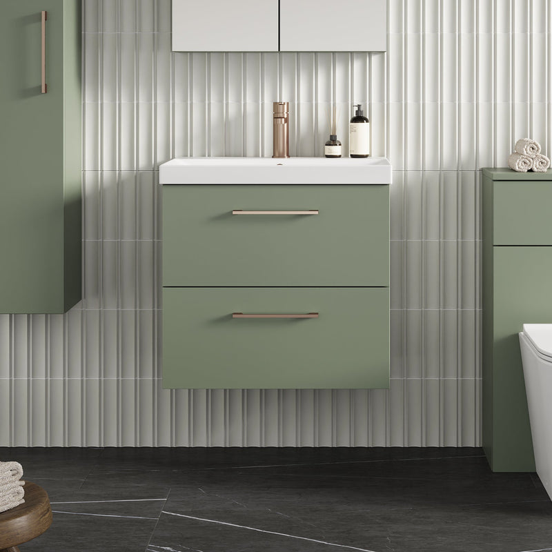 Lana 600mm Wall Hung 2 Drawer Vanity Unit & Basin - Satin Green