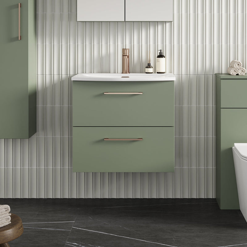 Lana 600mm Wall Hung 2 Drawer Vanity Unit & Basin - Satin Green