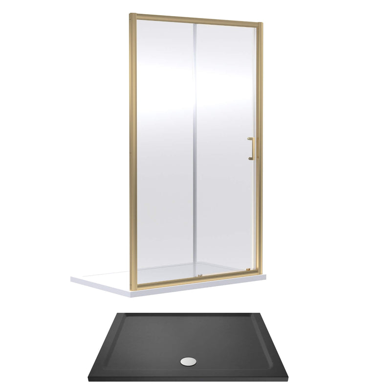 Porto Brushed Brass 6mm Sliding Shower Door With Slate Effect Stone Resin Tray & Waste - 1500 x 760mm