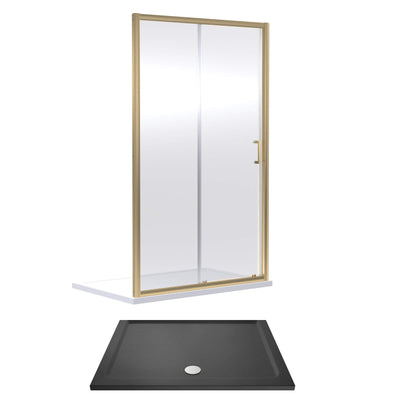 Porto Brushed Brass 6mm Sliding Shower Door With Slate Effect Stone Resin Tray & Waste - 1700 x 700mm