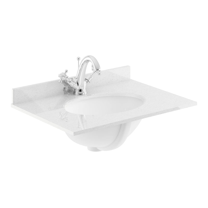 Classique 600mm Floor Standing Vanity Unit With 2 Doors With White Marble Worktop With Round Basin - Satin White