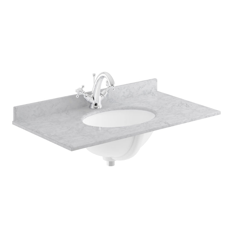 Classique 800mm Wall Hung Vanity Unit With 1 Drawer With Grey Marble Worktop With Round Basin - Satin White