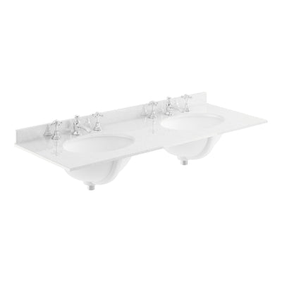 Classique 1200mm Wall Hung Vanity Unit With 2 Drawers With White Marble Worktop With 2 Round Basins - Satin Grey