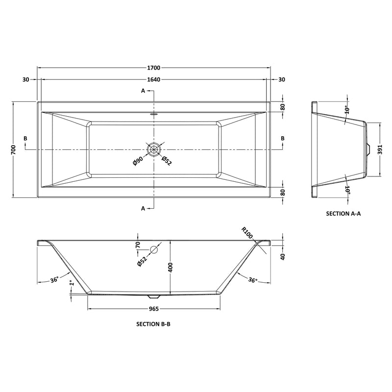 Eternalite Reinforced Square Double Ended Bath - 1700 x 700mm