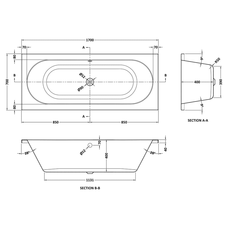 Eternalite Reinforced Round Double Ended Bath - 1700 x 700mm