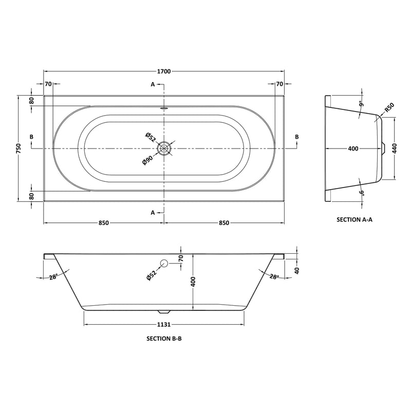 Eternalite Reinforced Round Double Ended Bath - 1700 x 750mm