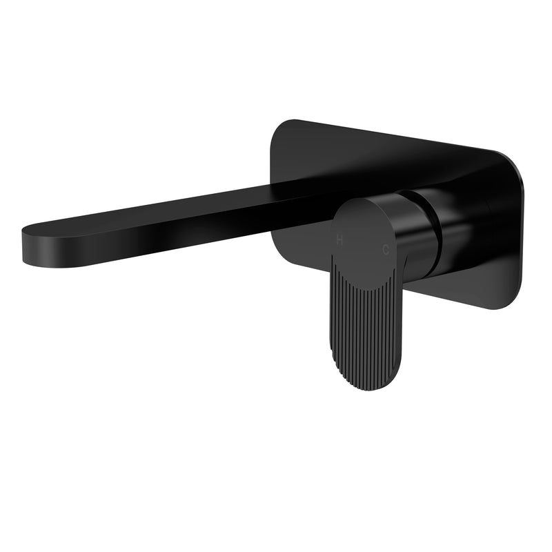 Capri Fluted Matt Black Wall Mounted 2 Hole Basin Mixer Tap With Plate