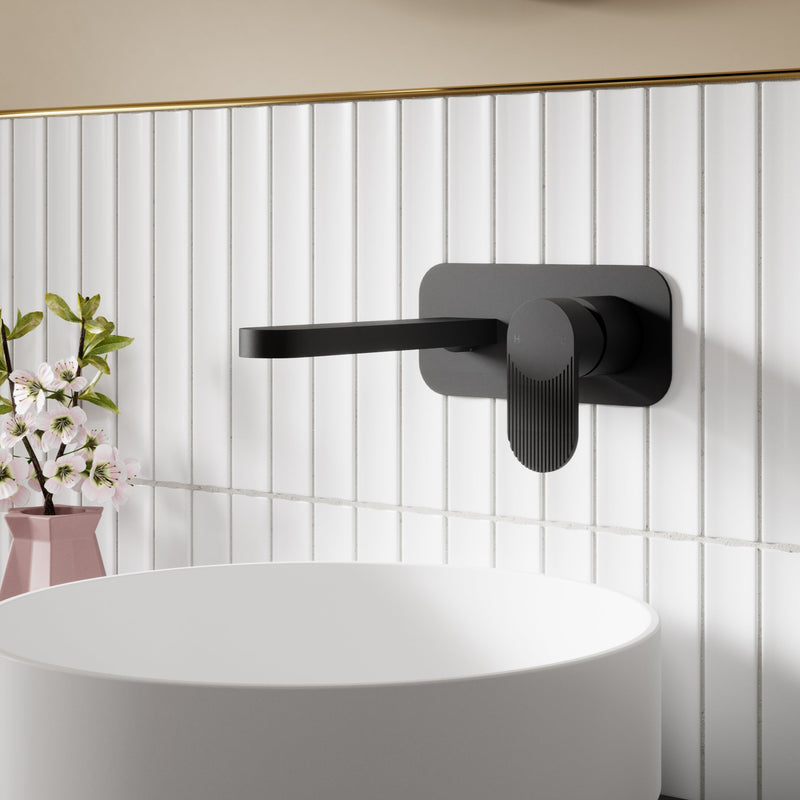 Capri Fluted Matt Black Wall Mounted 2 Hole Basin Mixer Tap With Plate