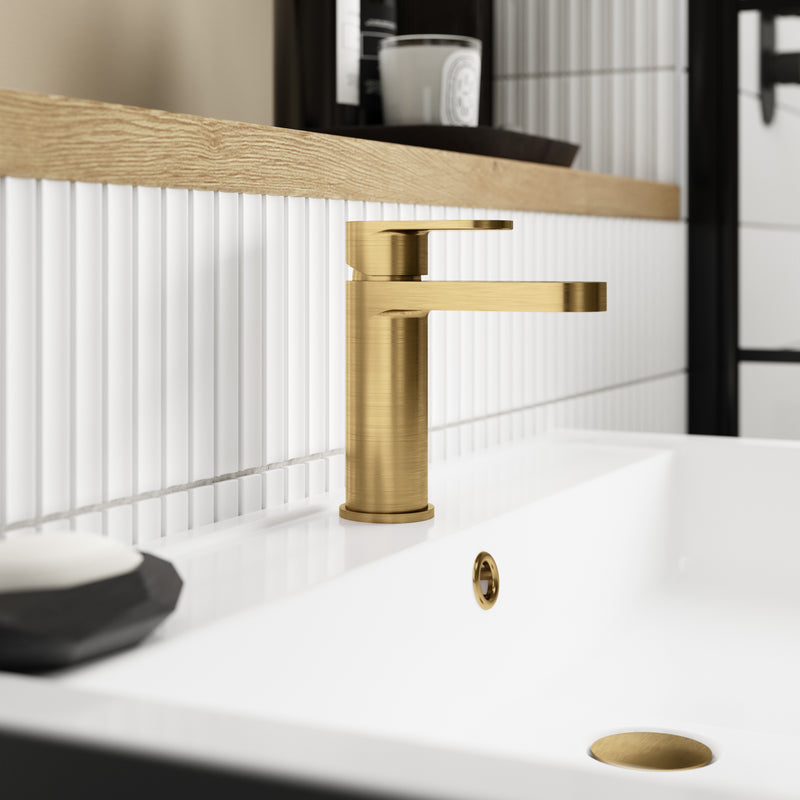 Capri Brushed Brass Basin Mixer Tap With Push Button Waste