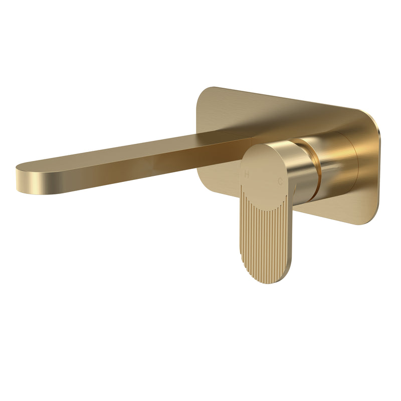 Capri Fluted Brushed Brass Wall Mounted 2 Tap Hole Basin Mixer Tap With Plate