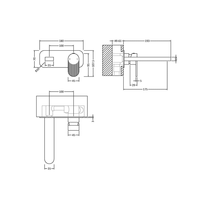 Capri Fluted Brushed Brass Wall Mounted 2 Tap Hole Basin Mixer Tap With Plate