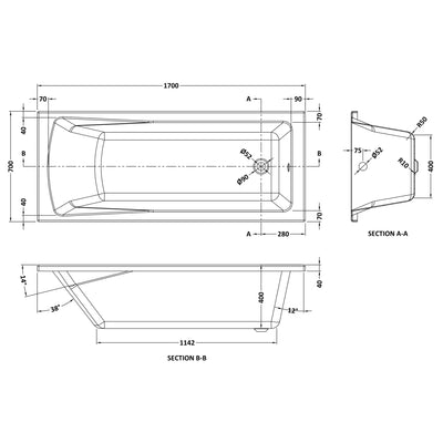 Eternalite Reinforced Square Single Ended Bath - 1700 x 700mm