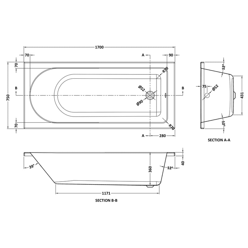 Eternalite Reinforced Round Single Ended Bath - 1700 x 750mm