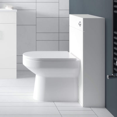 Eden Compact White WC Unit + Harmony Back To Wall Toilet Bundle With Round Chrome Flush Button