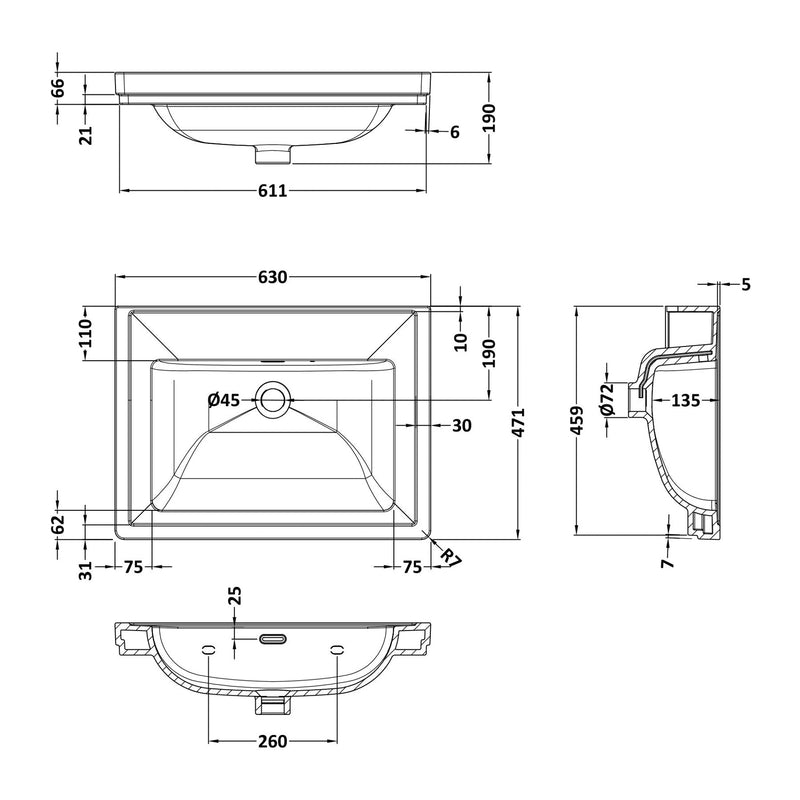 Classique 600mm Wall Hung Vanity Unit With 1 Drawer With Fireclay Basin - Satin Grey