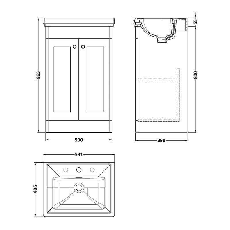 Classique 500mm Floor Standing Vanity Unit With 2 Doors With Fireclay Basin - Satin White