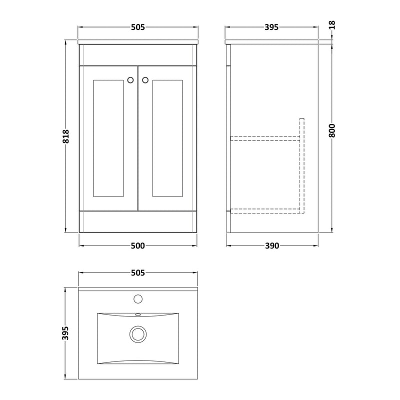 Classique 500mm Floor Standing Vanity Unit With 2 Doors With Minimalist Ceramic Basin - Satin White