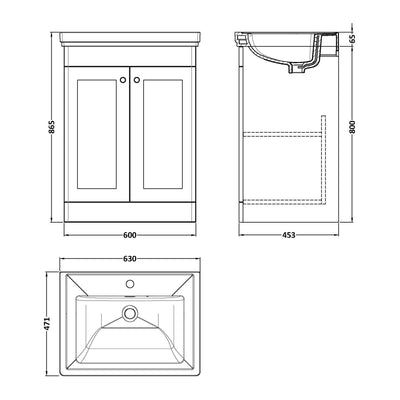 Classique 600mm Floor Standing Vanity Unit With 2 Doors With Fireclay Basin - Satin White