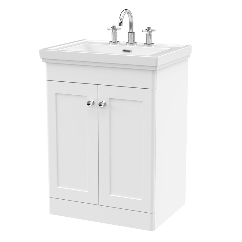 Classique 600mm Floor Standing Vanity Unit With 2 Doors With Fireclay Basin - Satin White