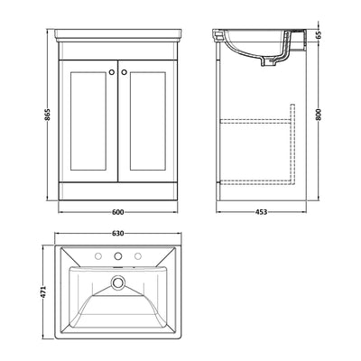 Classique 600mm Floor Standing Vanity Unit With 2 Doors With Fireclay Basin - Satin White
