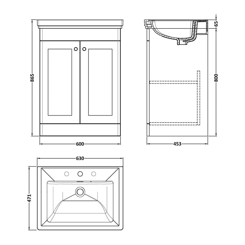 Classique 600mm Floor Standing Vanity Unit With 2 Doors With Fireclay Basin - Satin White