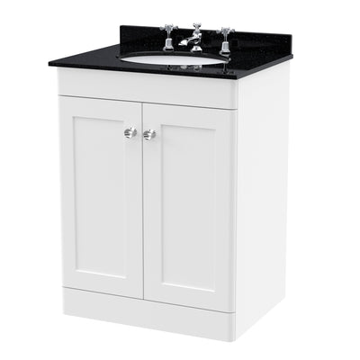Classique 600mm Floor Standing Vanity Unit With 2 Doors With Black Marble Worktop With Round Basin - Satin White