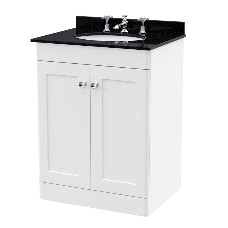 Classique 600mm Floor Standing Vanity Unit With 2 Doors With Black Marble Worktop With Round Basin - Satin White