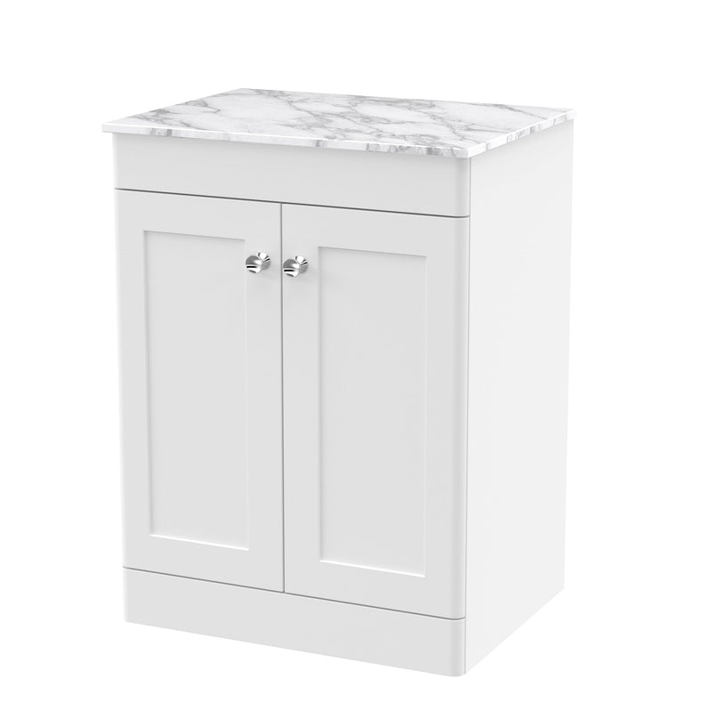 Classique 600mm Floor Standing Vanity Unit With 2 Doors With Carrera Marble Worktop - Satin White