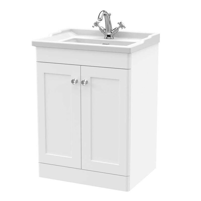 Classique 600mm Floor Standing Vanity Unit With 2 Doors With Traditional Basin - Satin White