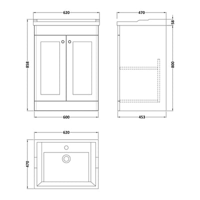Classique 600mm Floor Standing Vanity Unit With 2 Doors With Traditional Basin - Satin White