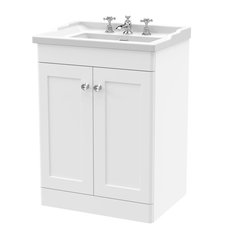Classique 600mm Floor Standing Vanity Unit With 2 Doors With Traditional Basin - Satin White