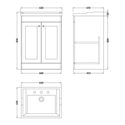 Classique 600mm Floor Standing Vanity Unit With 2 Doors With Traditional Basin - Satin White