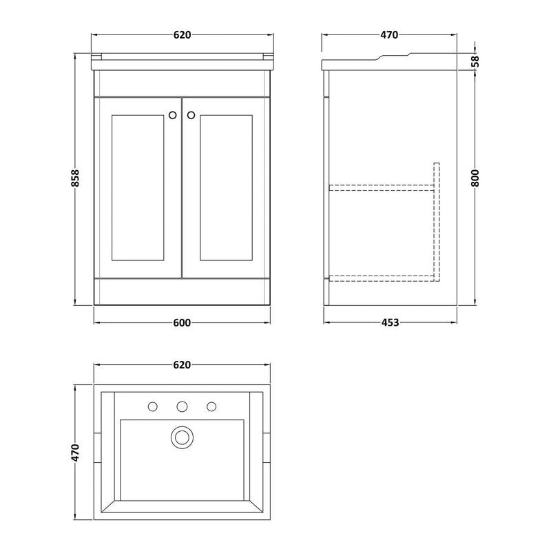 Classique 600mm Floor Standing Vanity Unit With 2 Doors With Traditional Basin - Satin White