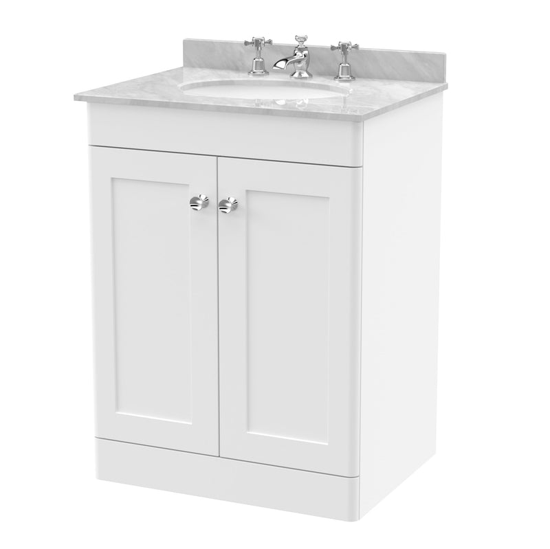 Classique 600mm Floor Standing Vanity Unit With 2 Doors With Grey Marble Worktop With Round Basin - Satin White