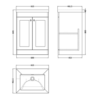 Classique 600mm Floor Standing Vanity Unit With 2 Doors With Contemporary Basin - Satin White